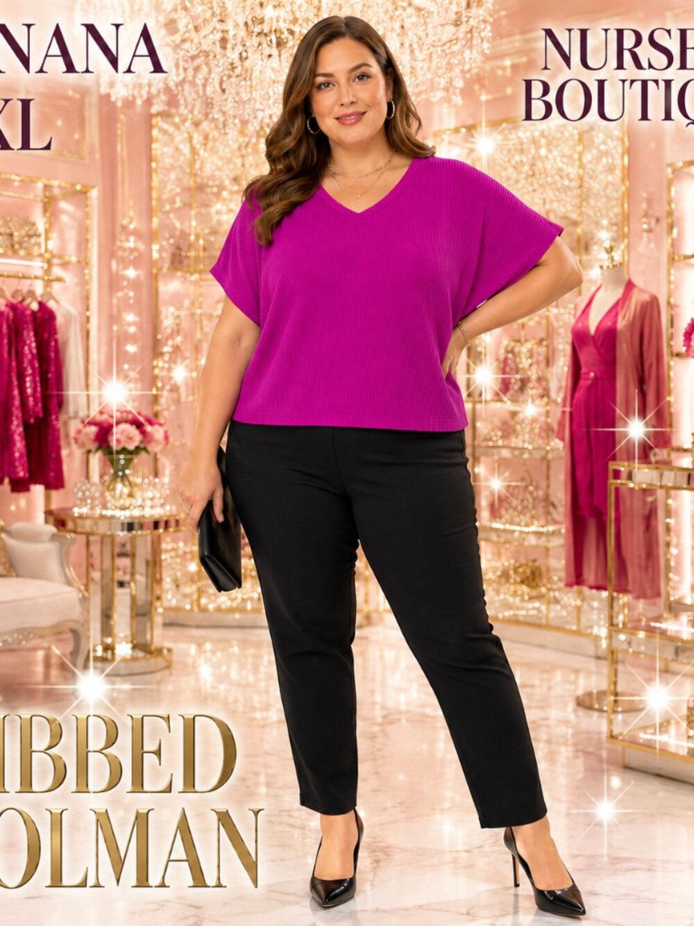 Zenana L XL Magenta Ribbed V Neck Dolman Top Oversized Boxy Stretch